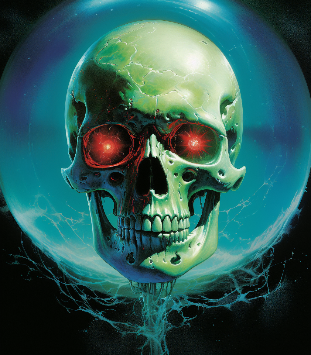 Midjourney prompt: 80s fantasy, floating sphere metal skull with red ... - Midjourney