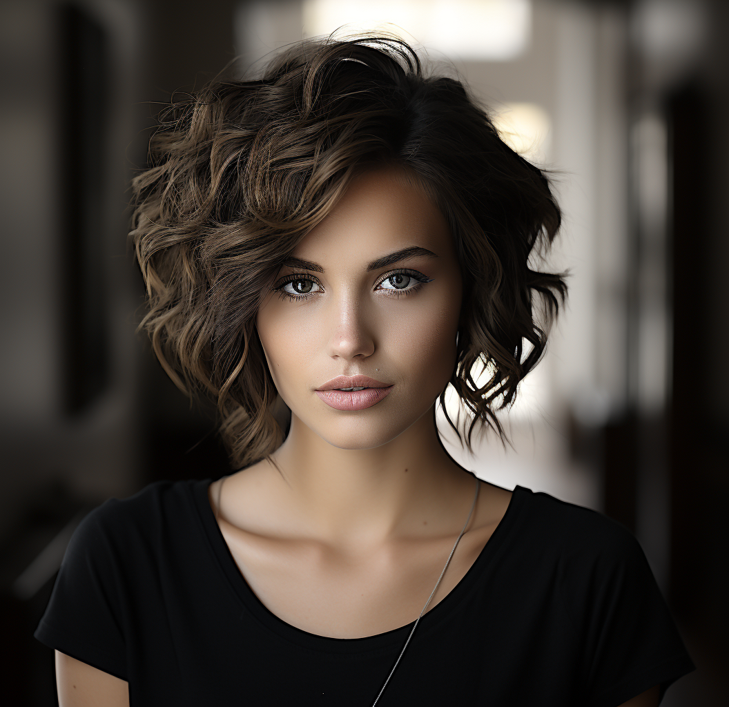 Midjourney prompt: portrait of a young woman with short brown hair, i... - Midjourney