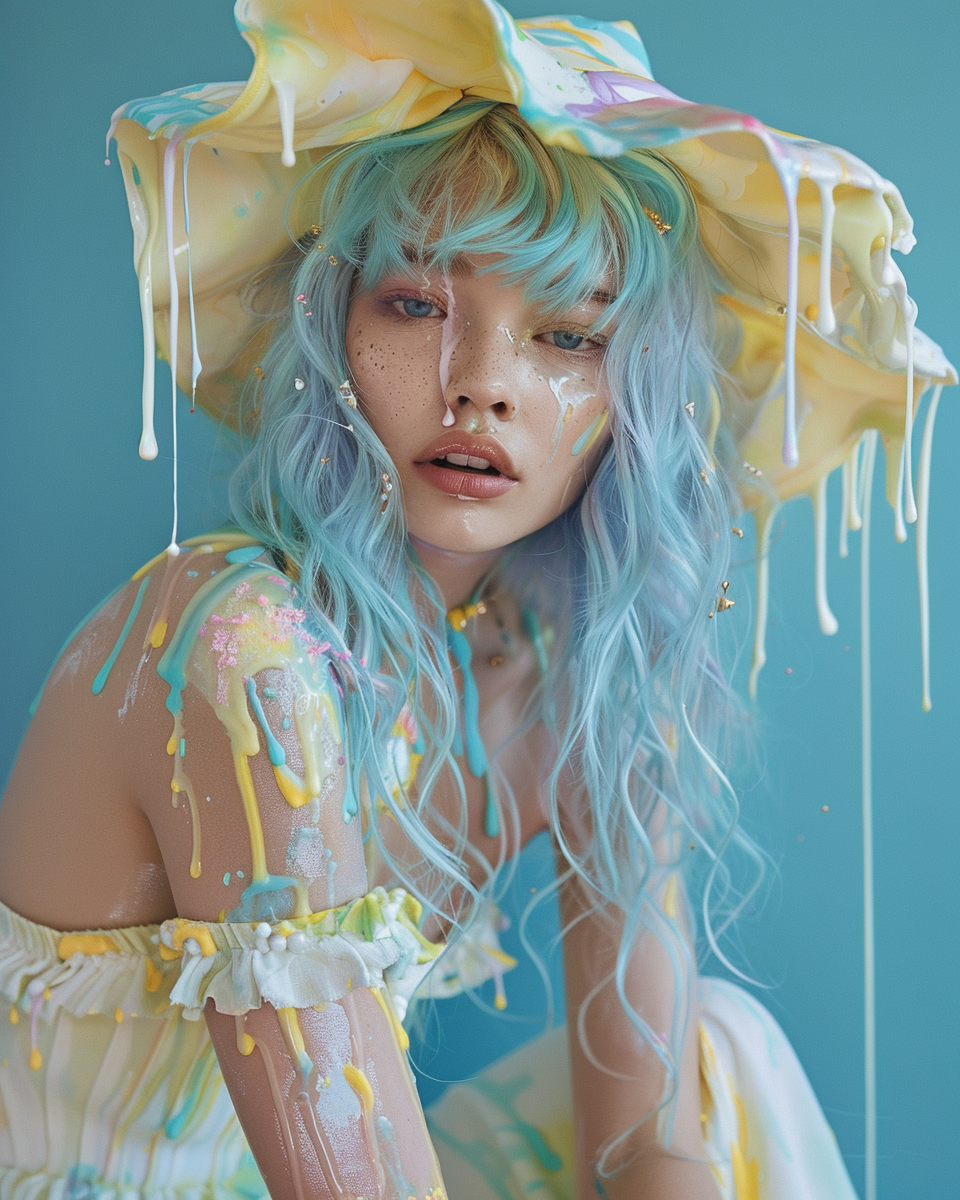 AI generated: Midjourney prompt: creative photoshoot of supermodel with light blue ... (Midjourney - Photography)