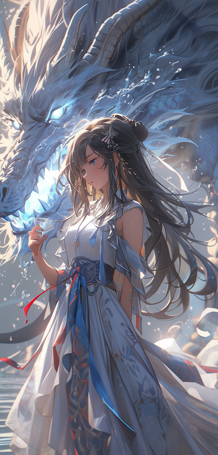 AI generated: Midjourney prompt: a beautiful lady standing in front of a dragon wit... (Midjourney - Anime)