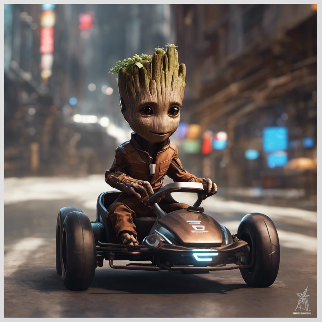 AI generated: Baby Groot Driving (Stable Diffusion - Photography)