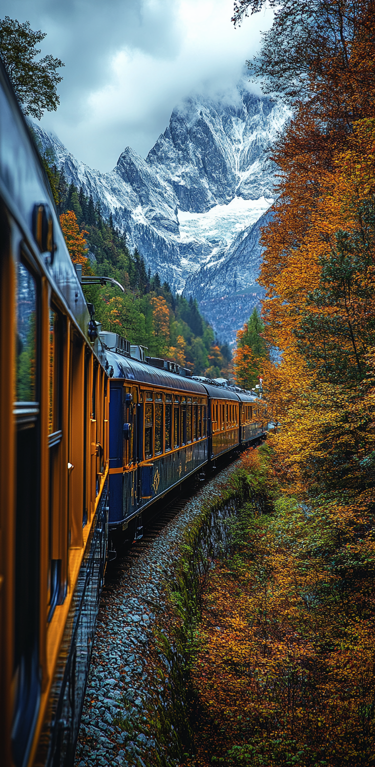 صورة مولدة بالذكاء الاصطناعي: Midjourney prompt: luxury train motoring through the Alps, surrounded... (نموذج Midjourney - تصوير فوتوغرافي)