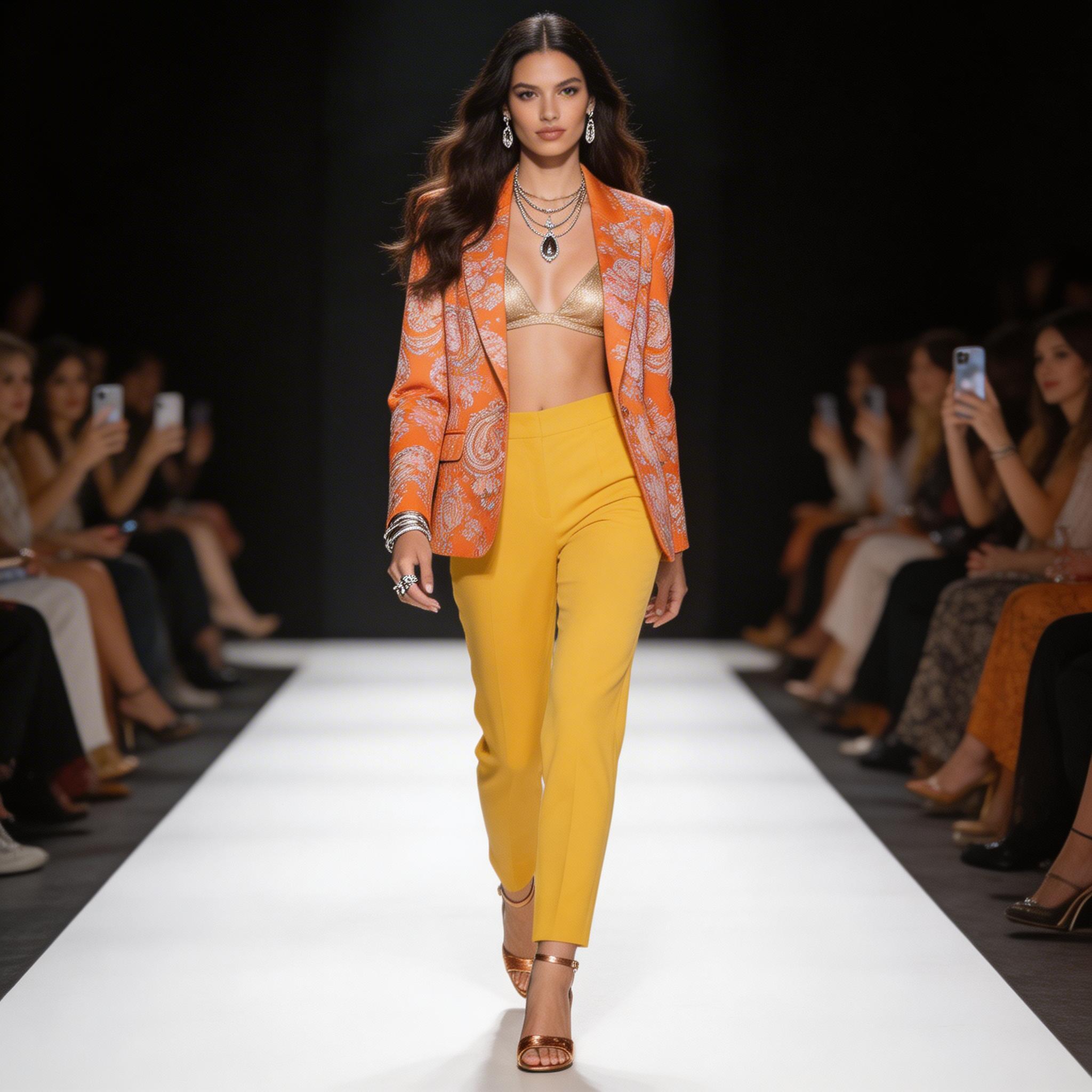 صورة مولدة بالذكاء الاصطناعي: Seedream 5 prompt: A fashion model confidently walks down a runway, s... (نموذج Seedream 5 - أزياء وموضة)
