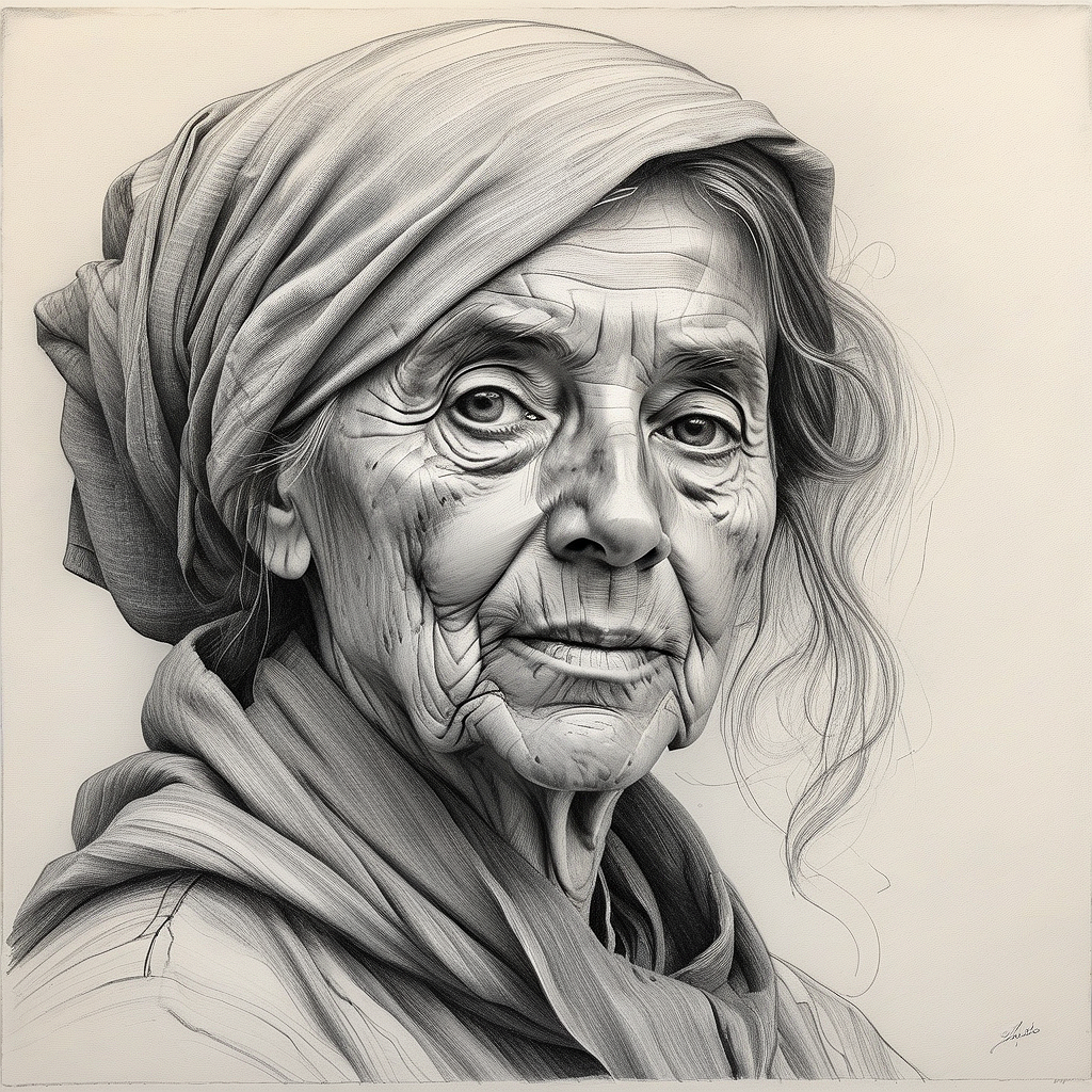 صورة مولدة بالذكاء الاصطناعي: Stable Diffusion prompt: Pencil sketch drawing of an old woman. Wise and we... (نموذج Stable Diffusion - تصوير فوتوغرافي)