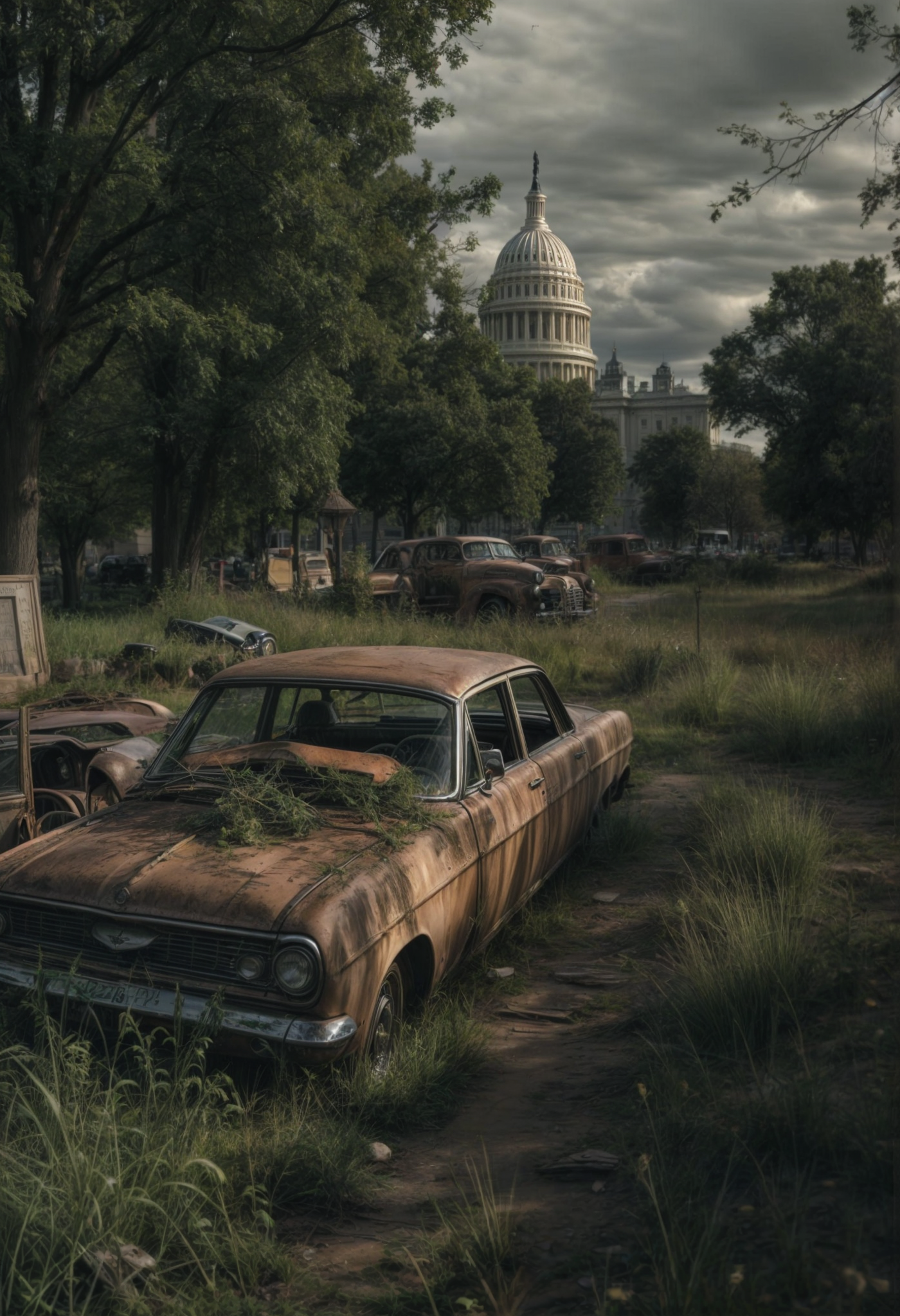 صورة مولدة بالذكاء الاصطناعي: Stable Diffusion prompt: post apocalypse,old ruins of citys,trees,gras grow... (نموذج Stable Diffusion - مناظر طبيعية)
