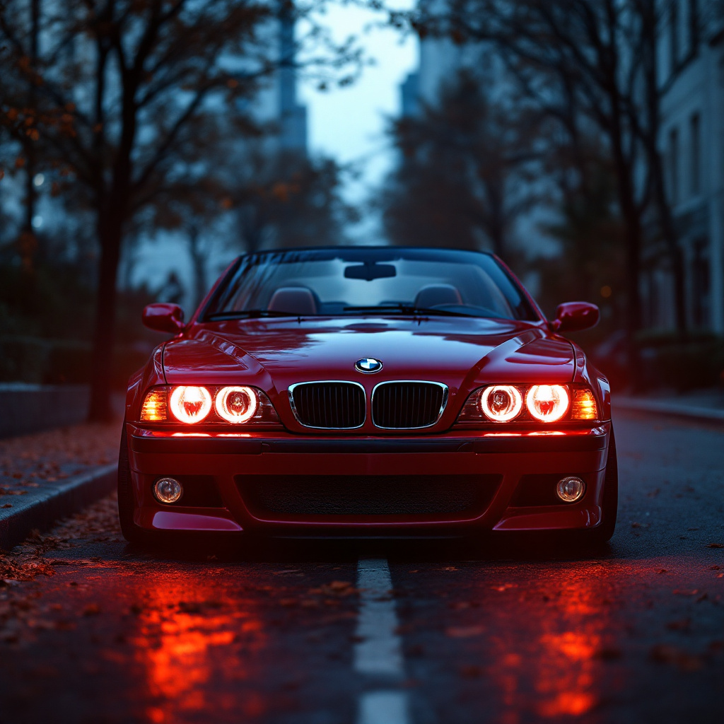 AI generated: FLUX prompt: dark red bmw e39 M5 convertible, lit angel eyes, c... (FLUX - Concept Art)