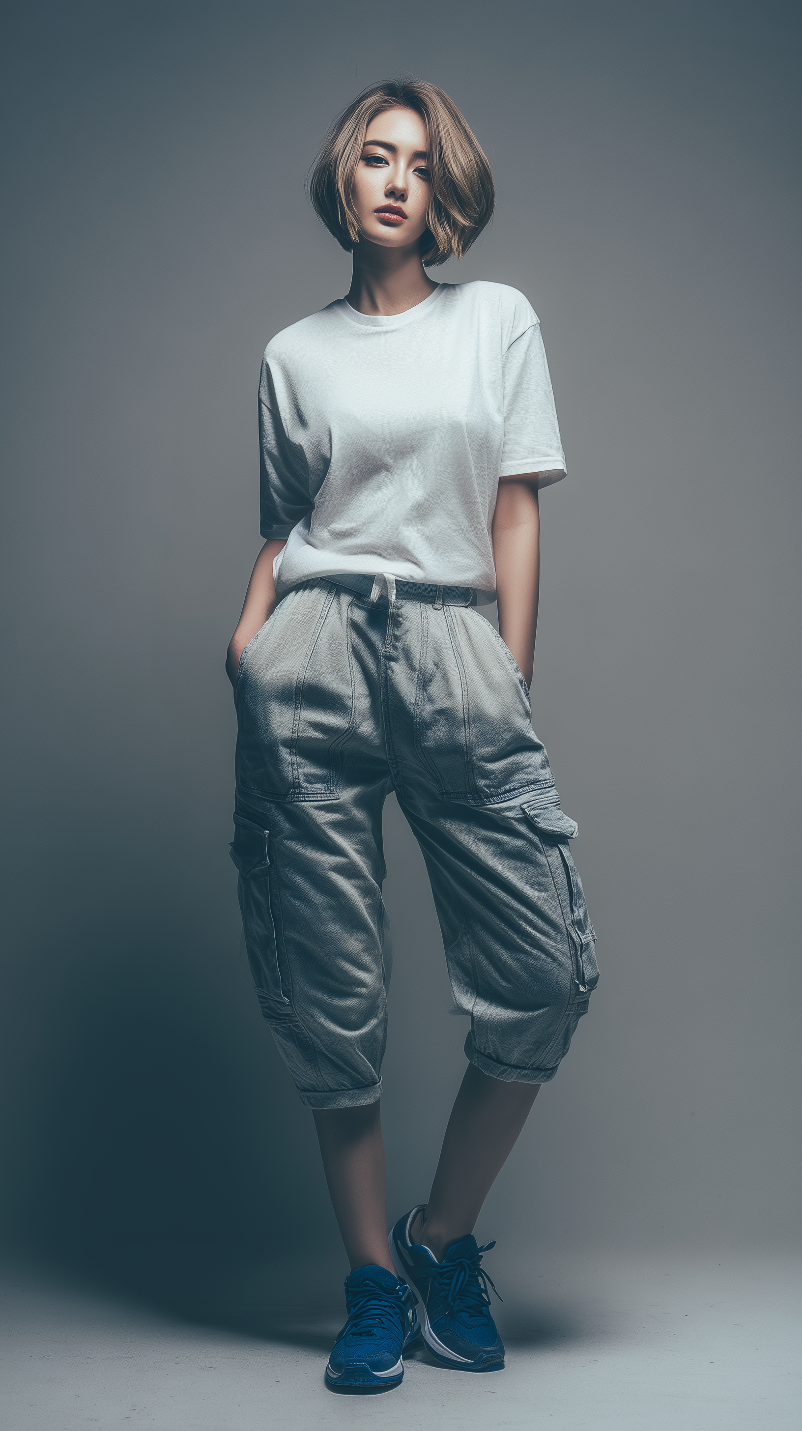 AI generated: Midjourney Shatter prompt: photography, female model, relaxed pose, bob cut h... (Midjourney Shatter - Fashion)