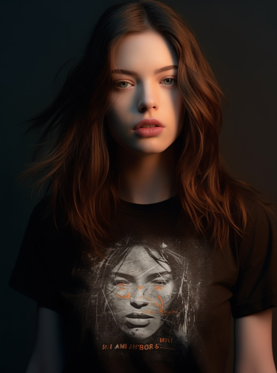 AI generated: Midjourney prompt: a close up of a person wearing a t - shirt, a port... (Midjourney - Fashion)