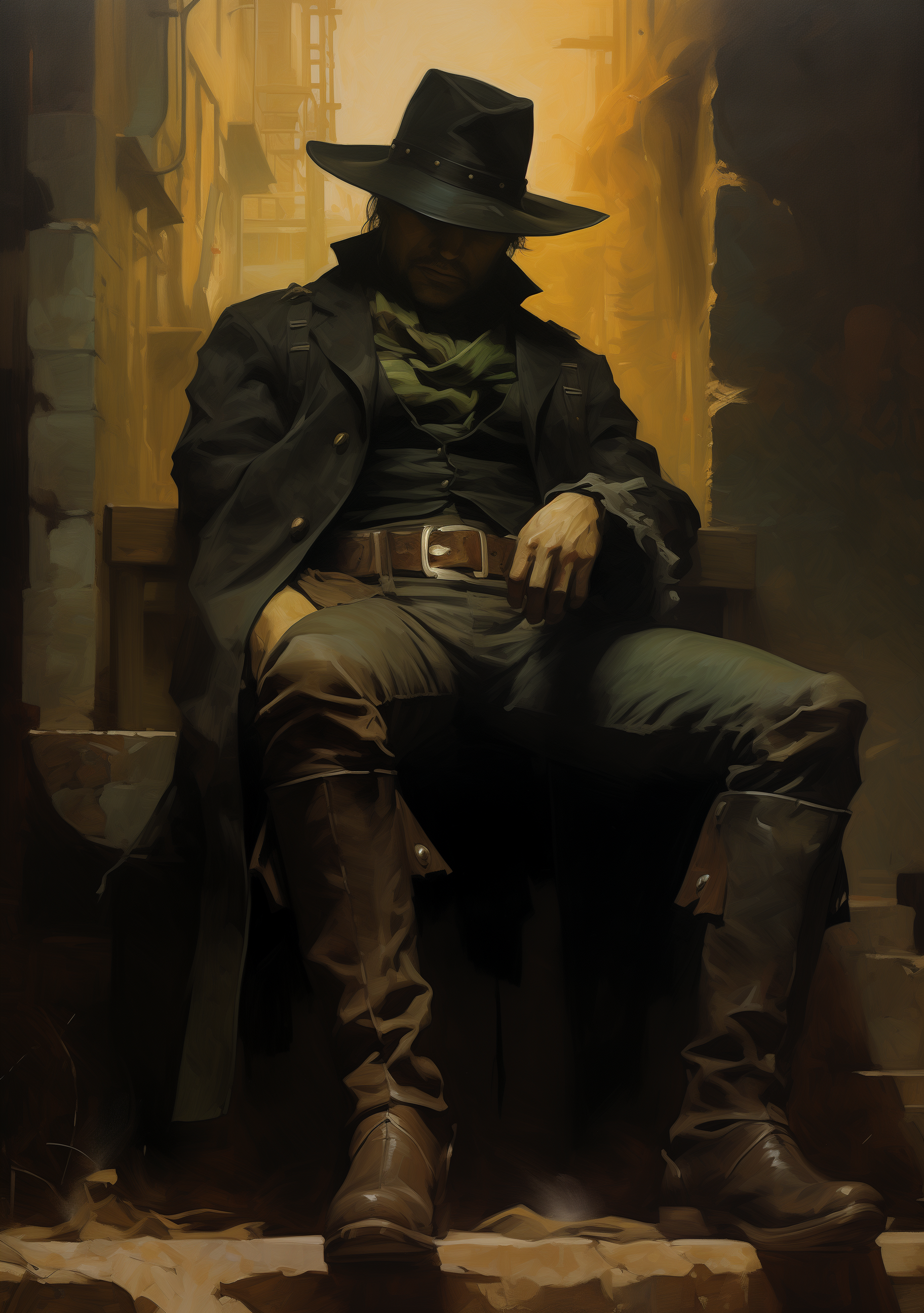 Midjourney prompt: A cowboy sits on an old wooden chair, by Frazetta,... - Midjourney