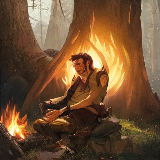 Stable Diffusion prompt: Fantasy male elf sitting by a ca...