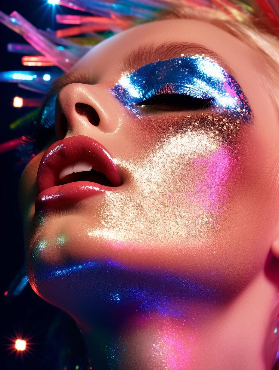 AI generated: Midjourney prompt: a close up of a woman's face with bright makeup, i... (Midjourney - Portraits)