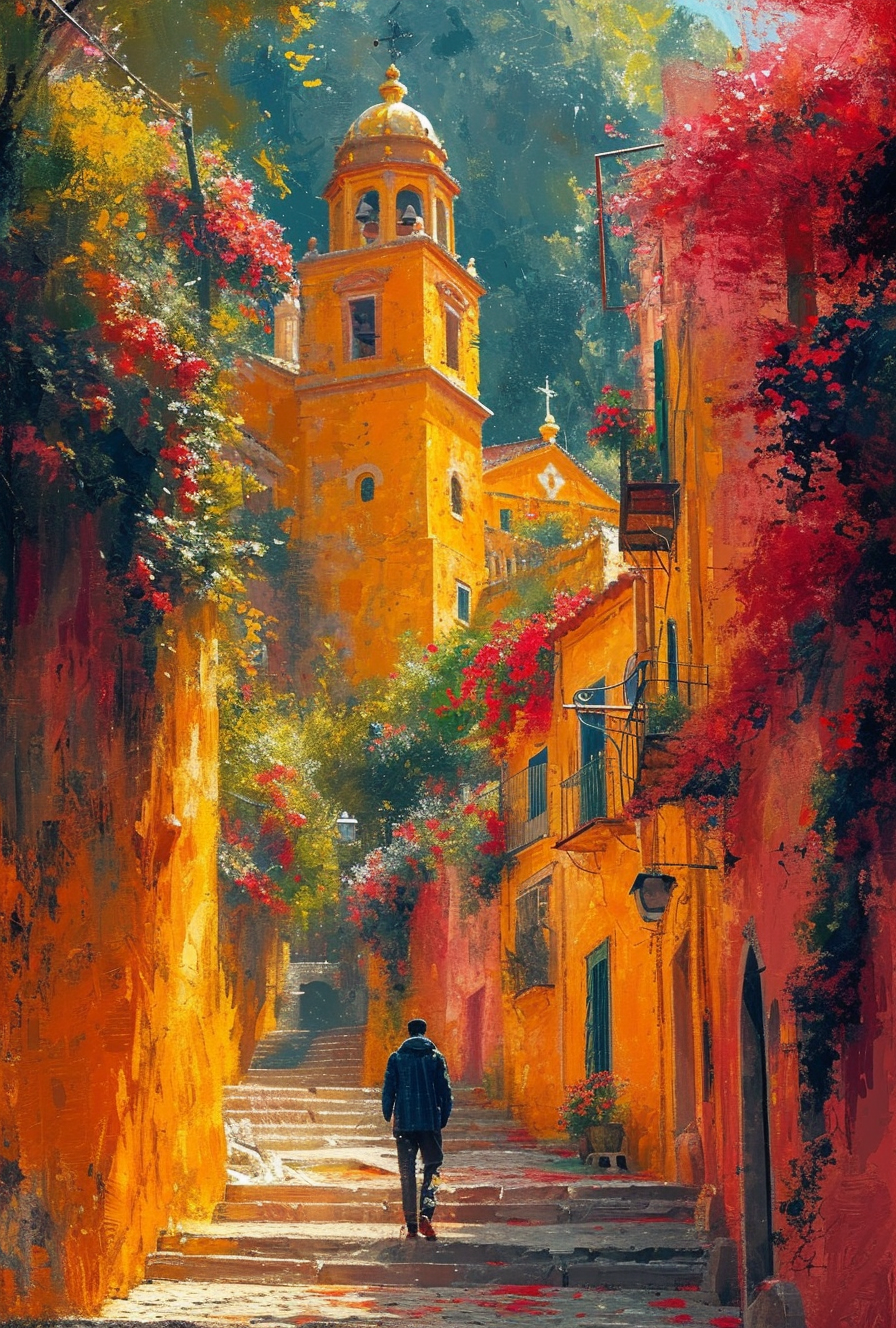 Midjourney prompt: a person is walking down a street with stairs and ... - Midjourney