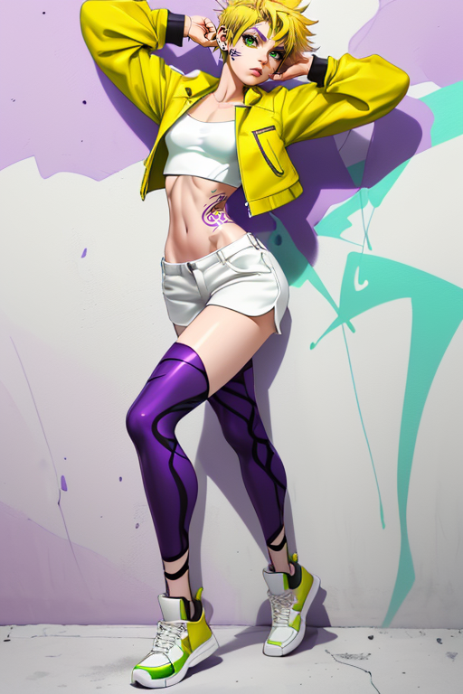 AI generated: Stable Diffusion prompt: JoJo, purple graffiti background, short yellow hai... (Stable Diffusion - Anime)