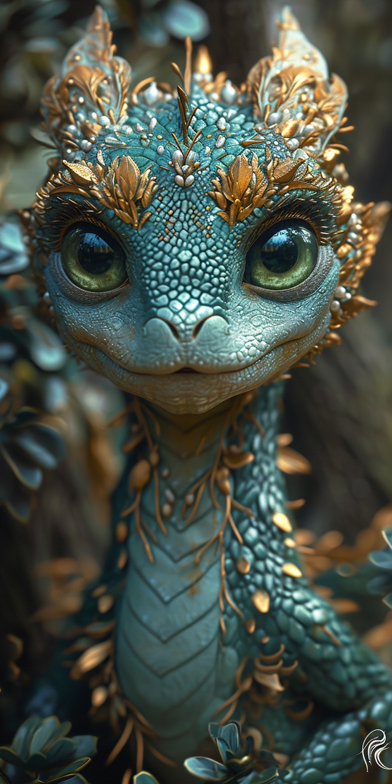 AI generated: Midjourney prompt: baby dragon in the forest near trees with large gr... (Midjourney - Character Design)