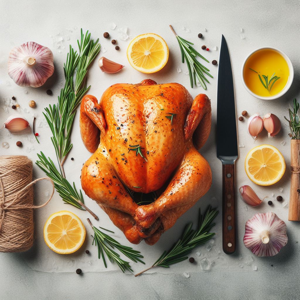 صورة مولدة بالذكاء الاصطناعي: DALL·E prompt: Knolling product photo of a delicious roast chicke... (نموذج DALL·E - تصوير فوتوغرافي)