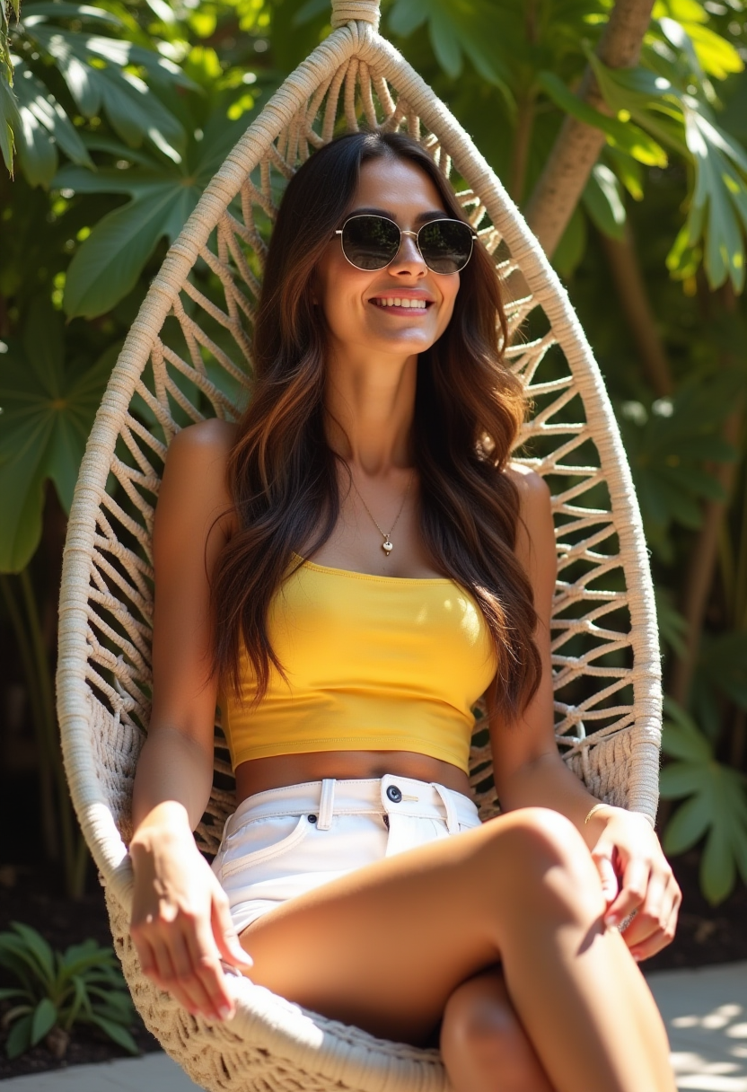 FLUX prompt: woman relaxing outside on a hanging chair, long br... - FLUX