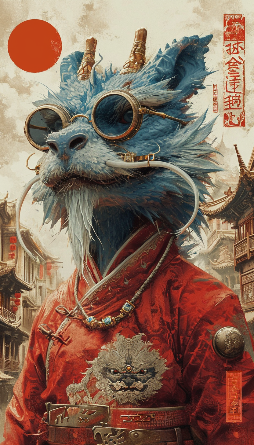AI generated: Midjourney prompt: poster of a blue dragon with sunglasses, in the st... (Midjourney - Concept Art)