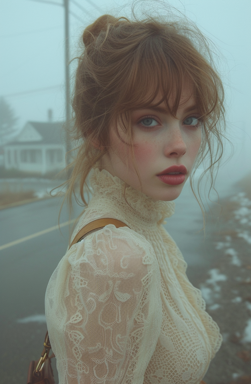 Midjourney prompt: girl standing on a foggy pavement while holding he... - Midjourney