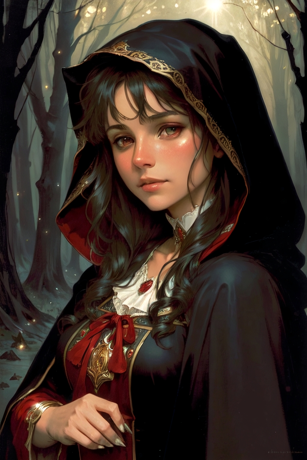 صورة مولدة بالذكاء الاصطناعي: Stable Diffusion prompt: closeup portrait of a cute red riding hood in a da... (نموذج Stable Diffusion - صور شخصية)