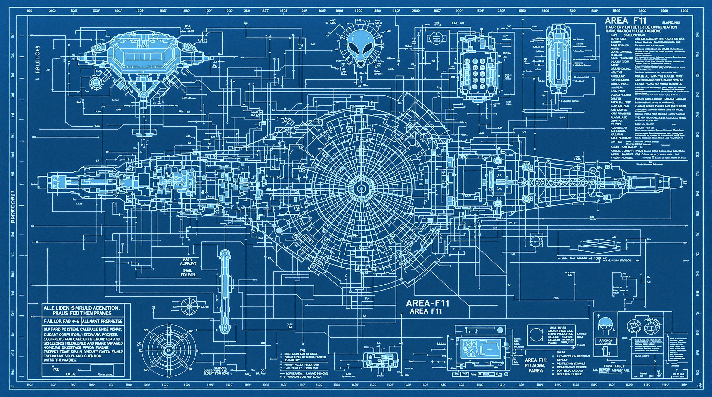 FLUX prompt: A blueprint of alien technology with details...