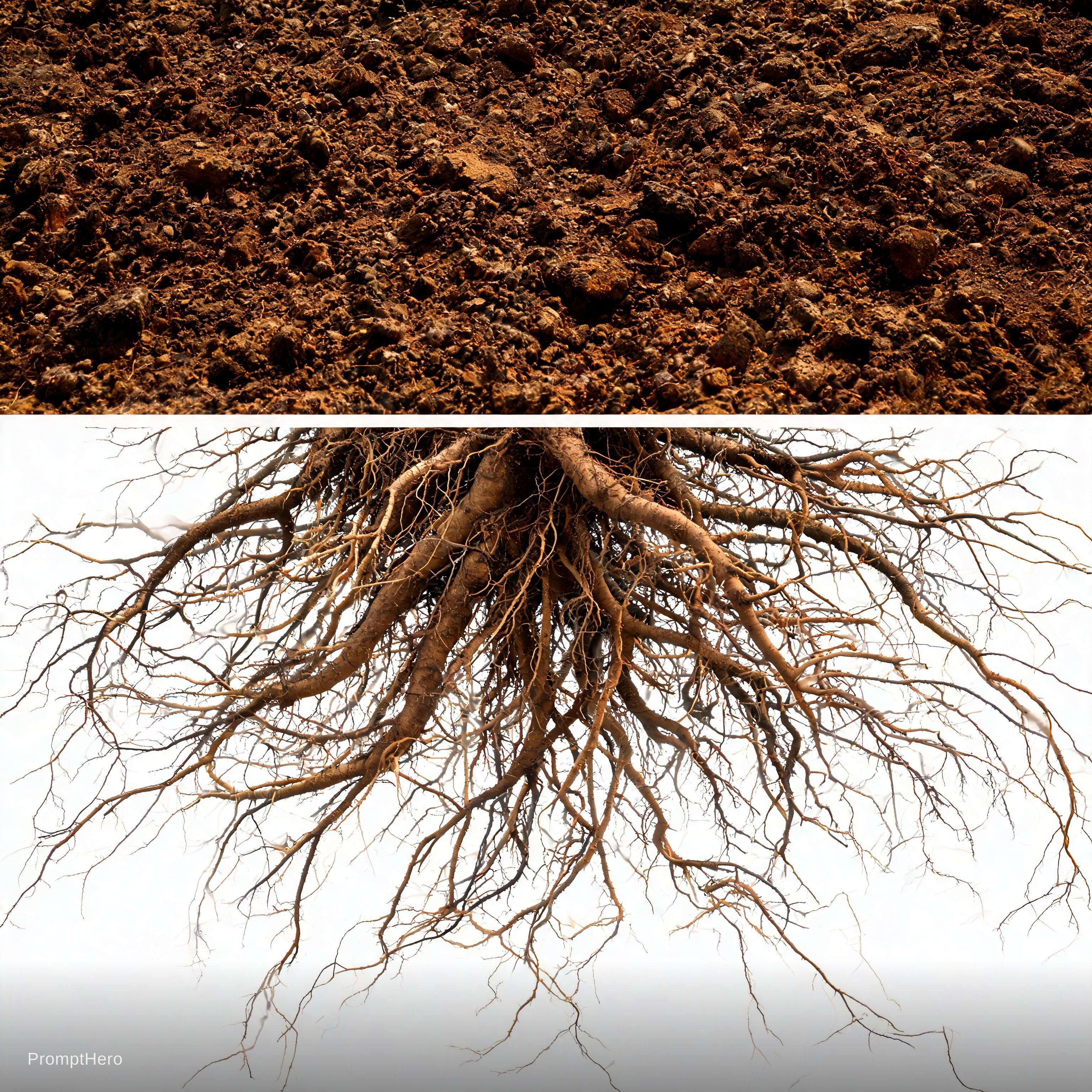 صورة مولدة بالذكاء الاصطناعي: Seedream 5 prompt: make flat ground showing roots fully half the page... (نموذج Seedream 5 - فن مفاهيمي)