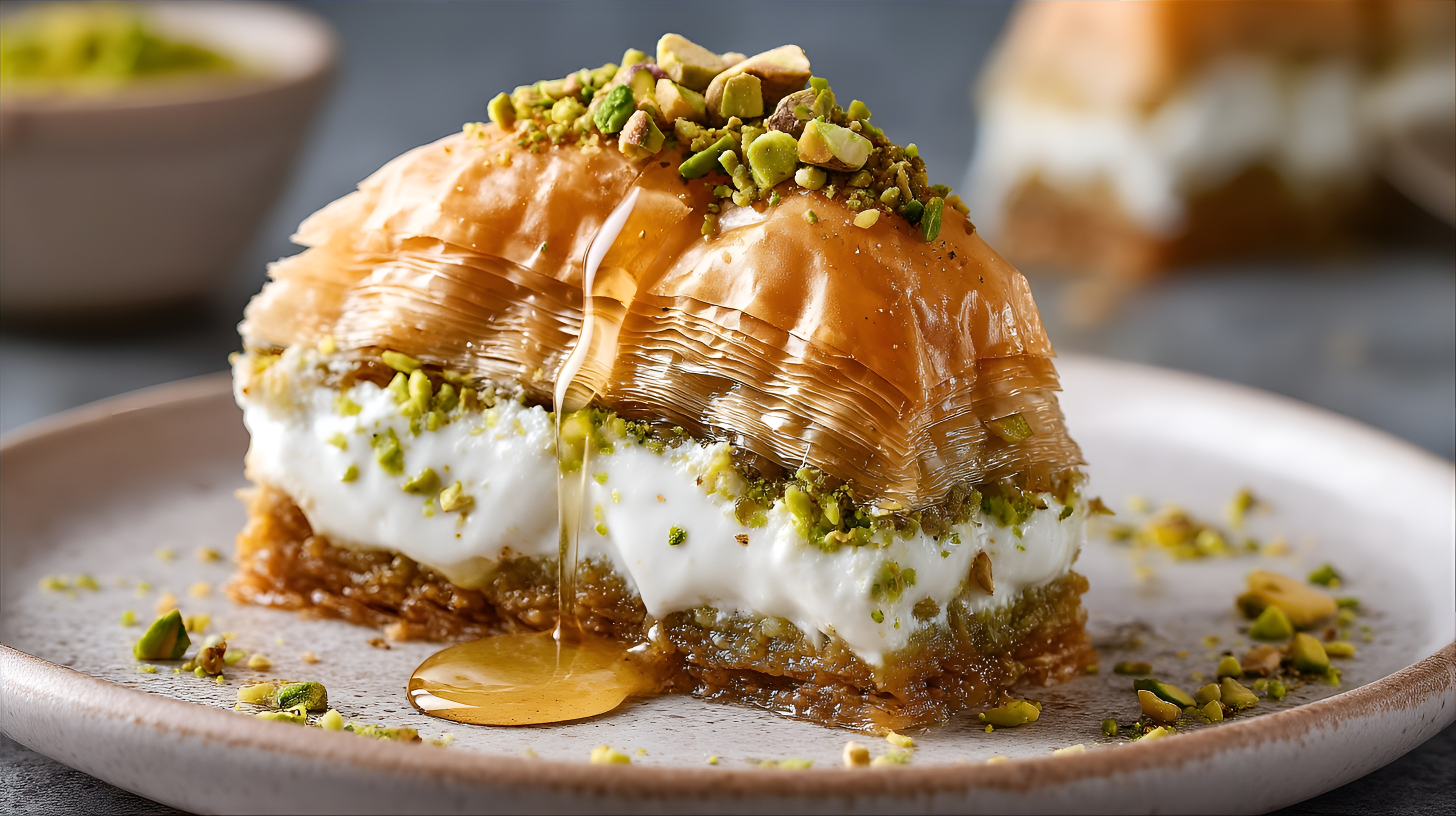 AI generated: Midjourney prompt: slice of baklava, displayed on a plate. The bakla... (Midjourney - Food & Drink)