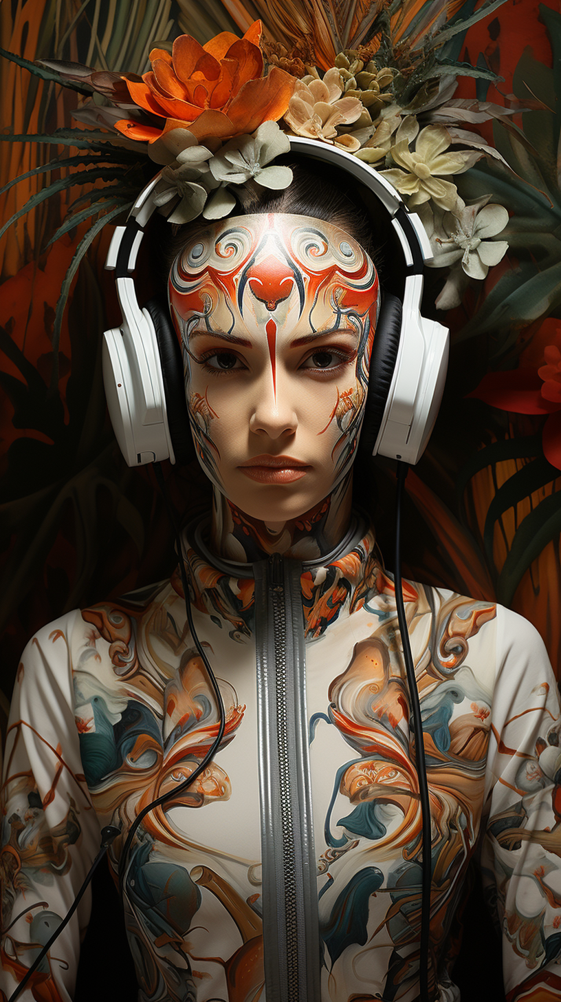 صورة مولدة بالذكاء الاصطناعي: Midjourney prompt: a woman with headphones and a cactus nearby, in th... (نموذج Midjourney - صور شخصية)