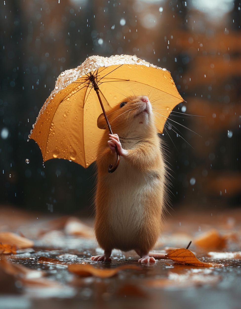 صورة مولدة بالذكاء الاصطناعي: Midjourney prompt: a rat holding a leaf like an umbrella hiding from ... (نموذج Midjourney - تصوير فوتوغرافي)