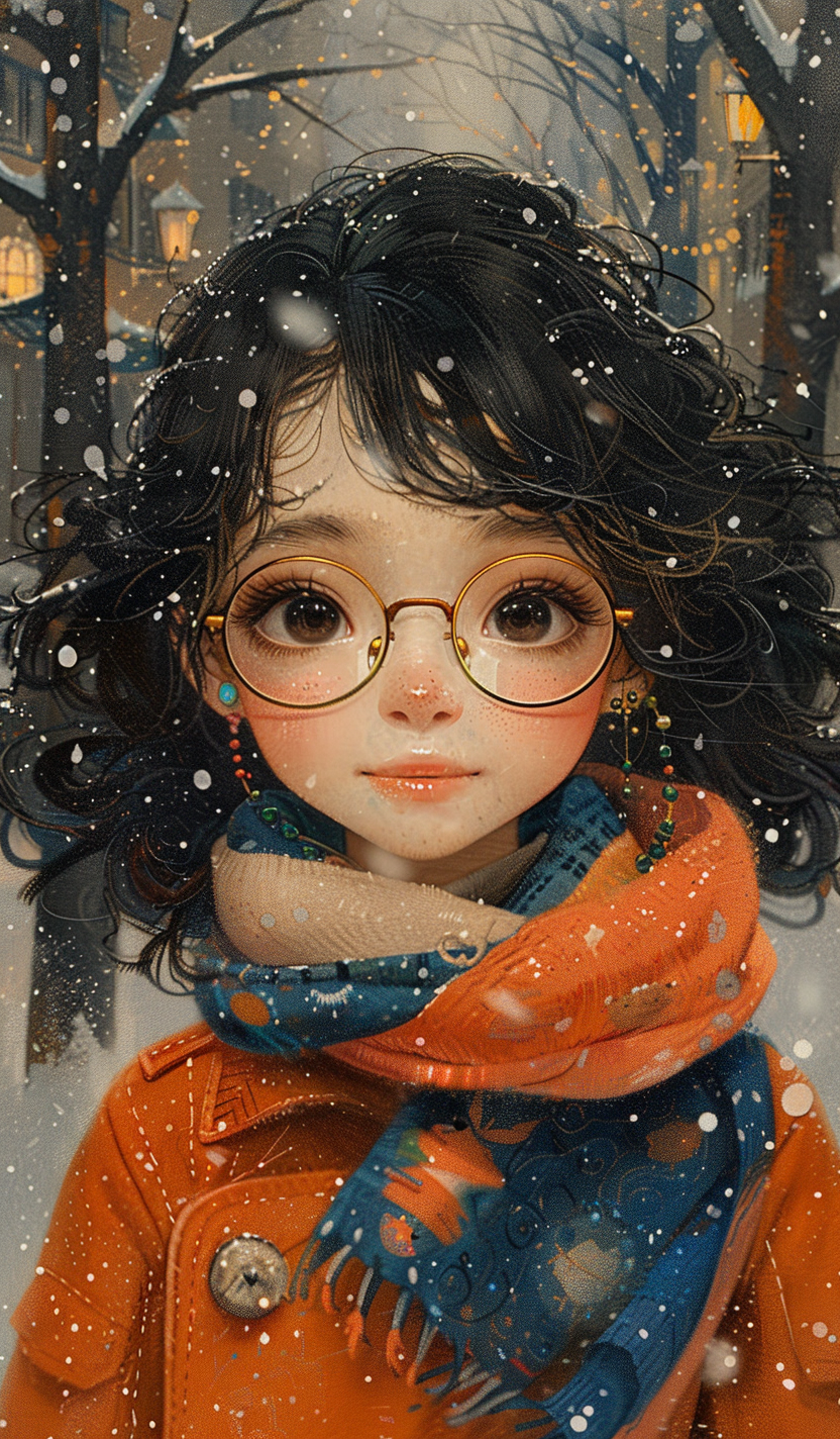Midjourney prompt: Cute little girl with black curly hair, wearing gl... - Midjourney