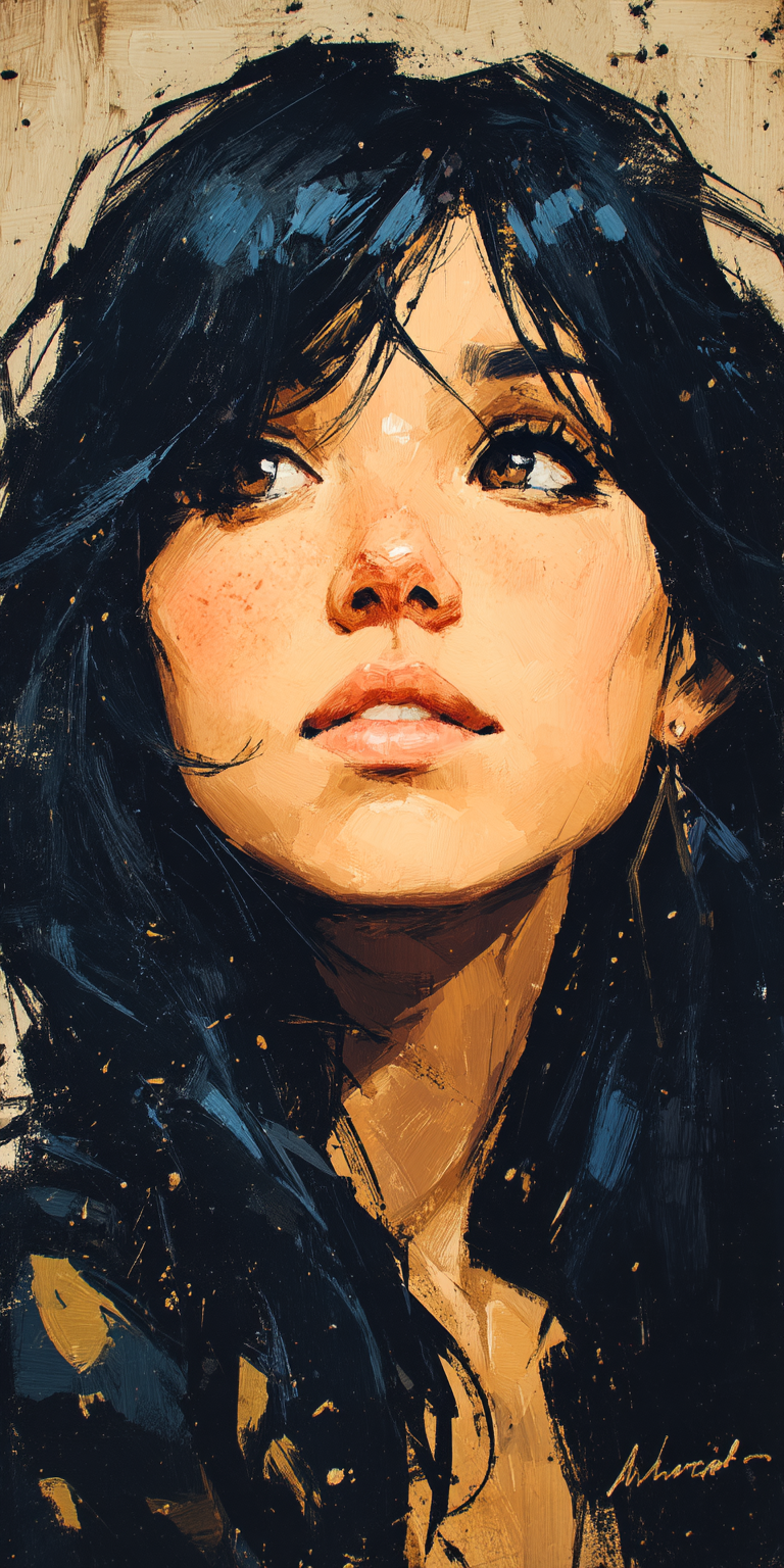 AI generated: Midjourney prompt: a woman with long black hair in a gold painting, i... (Midjourney - Anime)