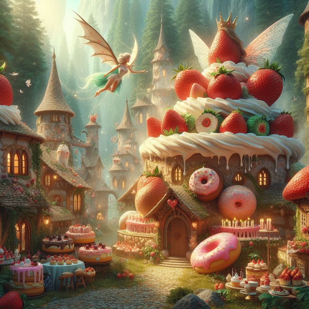 DALL·E prompt: fairy in fairytale village made from big strawberr... - DALL·E