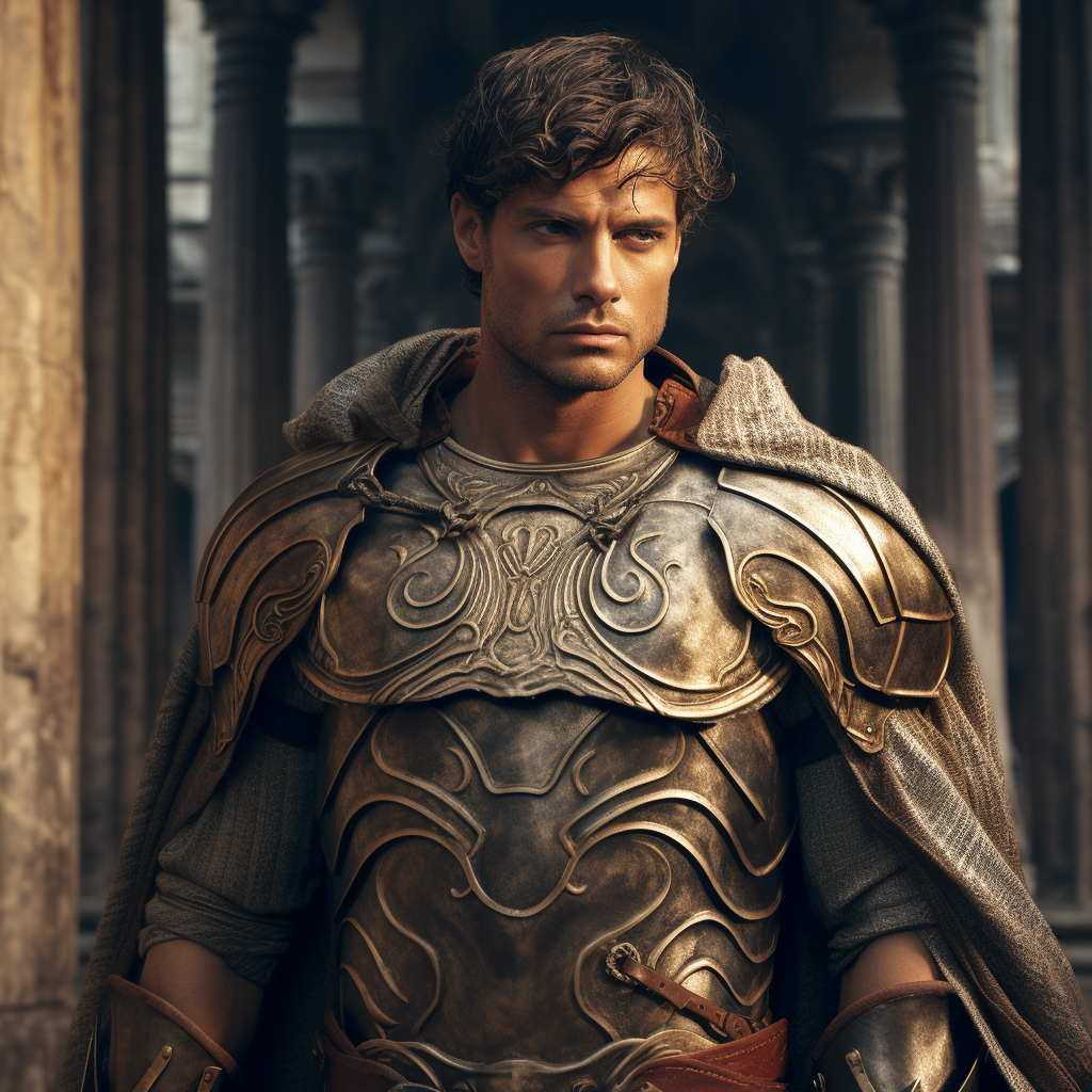 Midjourney prompt: A cover of the romanRoman male character, in the s... - Midjourney