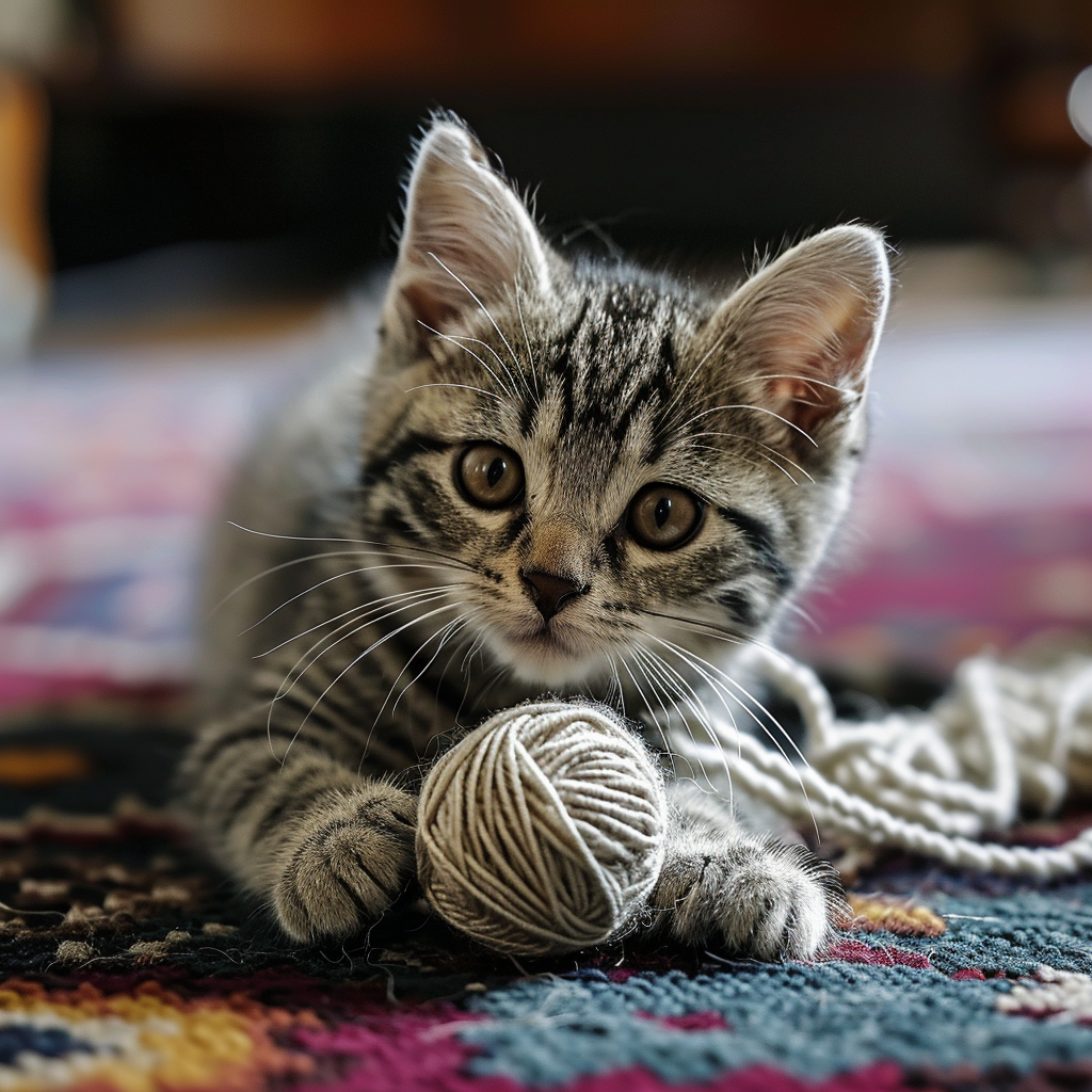 AI generated: Midjourney prompt: Eine süße Katze spielt mit einem Garn wolle auf ei... (Midjourney - Photography)