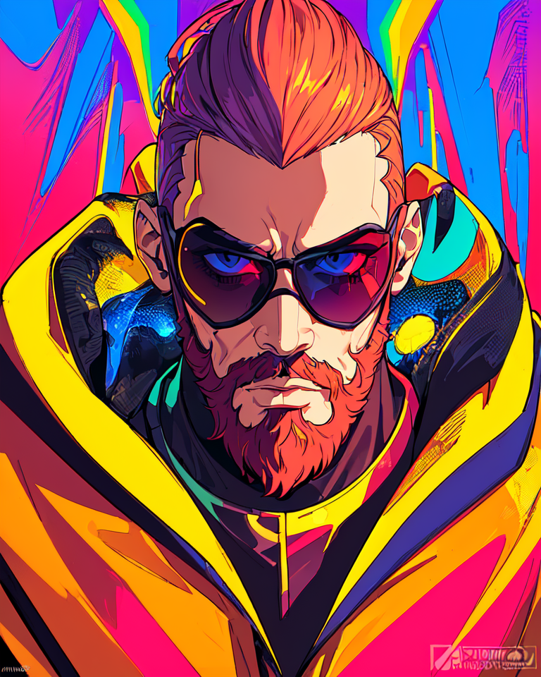 AI generated: Midjourney prompt: a man with a beard and sunglasses, cyberpunk art, ... (Midjourney - Anime)