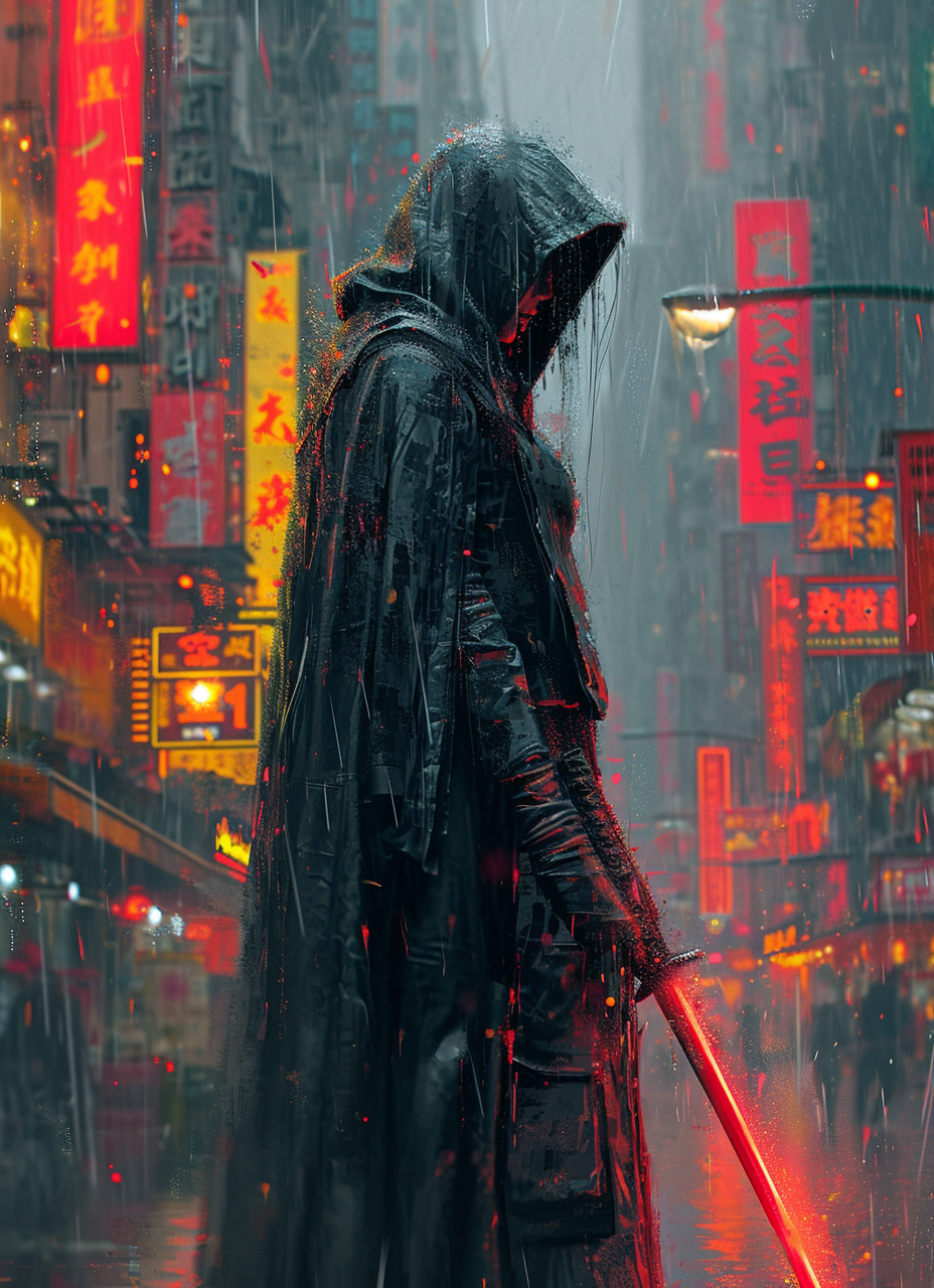 Midjourney prompt: a woman in a black cloak with a sword standing on ... - Midjourney