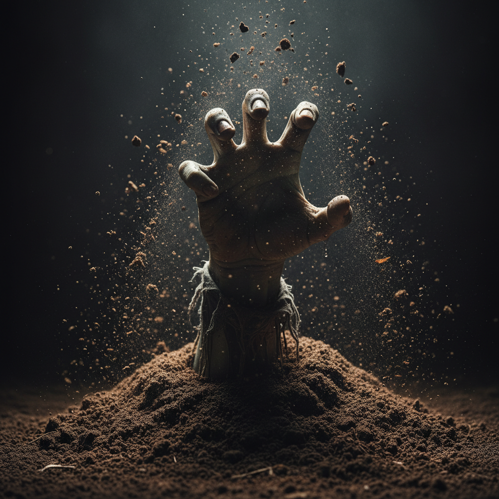 Nano Banana prompt: "A zombie hand breaking through dirt — extreme clo... - Nano Banana