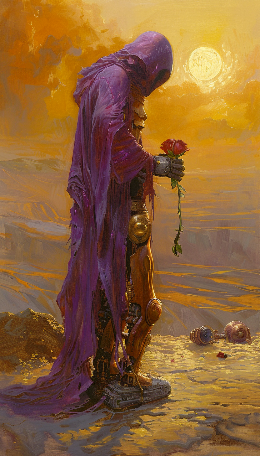 Midjourney prompt: A purple-robed alien priest giving roses to an ora... - Midjourney