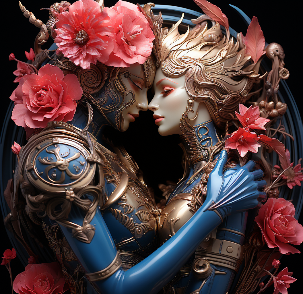 صورة مولدة بالذكاء الاصطناعي: Midjourney prompt: a couple hugging and kissing with pink flowers, in... (نموذج Midjourney - فن مفاهيمي)