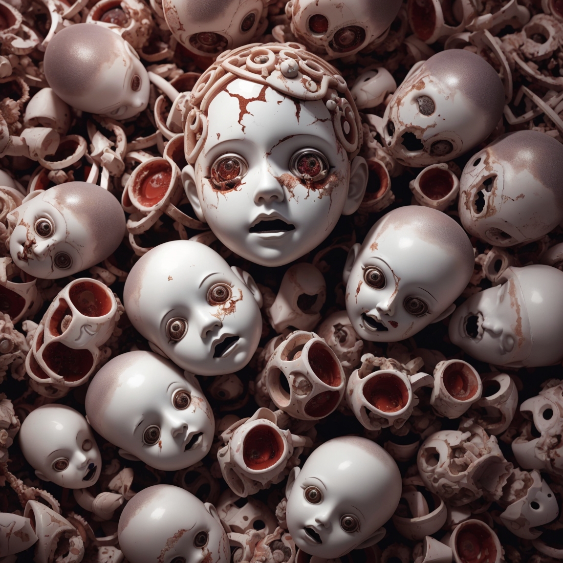 صورة مولدة بالذكاء الاصطناعي: Midjourney prompt: photo of a pile of nanoscopic scary babydoll heads... (نموذج Midjourney - فن مفاهيمي)