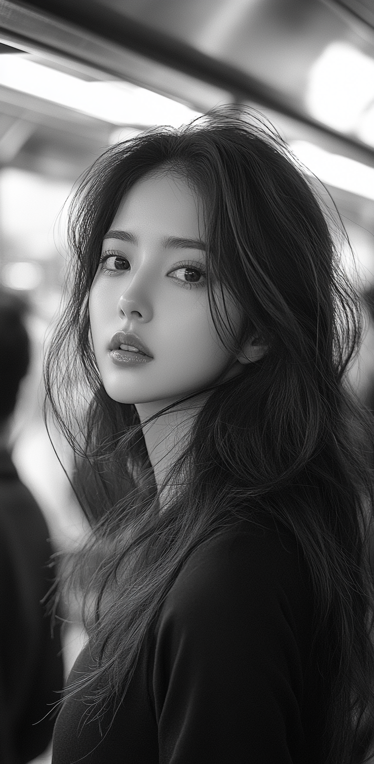 AI generated: Midjourney prompt: A black and white photograph of an Asian woman wit... (Midjourney - Photography)