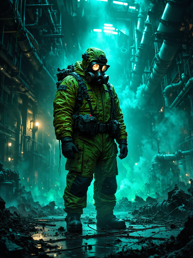 AI generated: FLUX prompt: A lone liquidator in an abandoned reactor hall, co... (FLUX - Character Design)