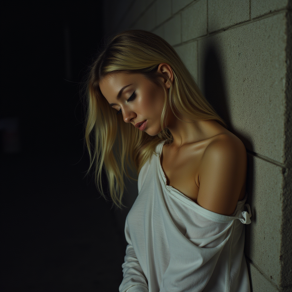 AI generated: FLUX prompt: a woman, from the side, leaning up against a cemen... (FLUX - Photography)