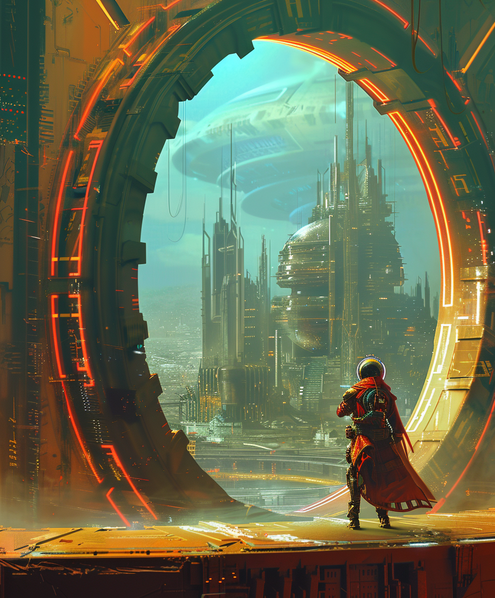 صورة مولدة بالذكاء الاصطناعي: Midjourney prompt: A female space pirate in front of the giant round ... (نموذج Midjourney - فن مفاهيمي)