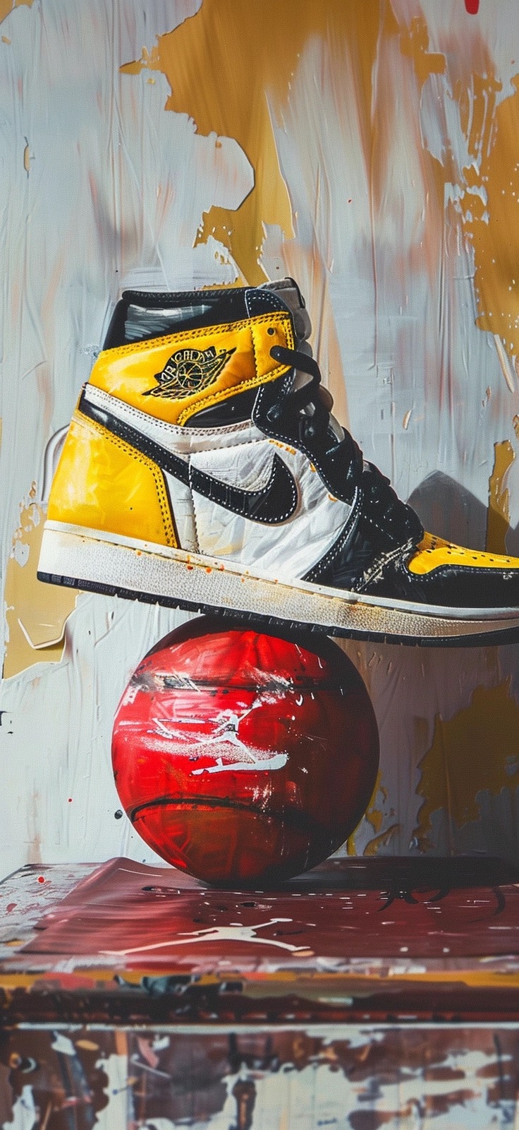 AI generated: Midjourney prompt: Nike Air Jordan black and yellow stands on a red n... (Midjourney - Fashion)