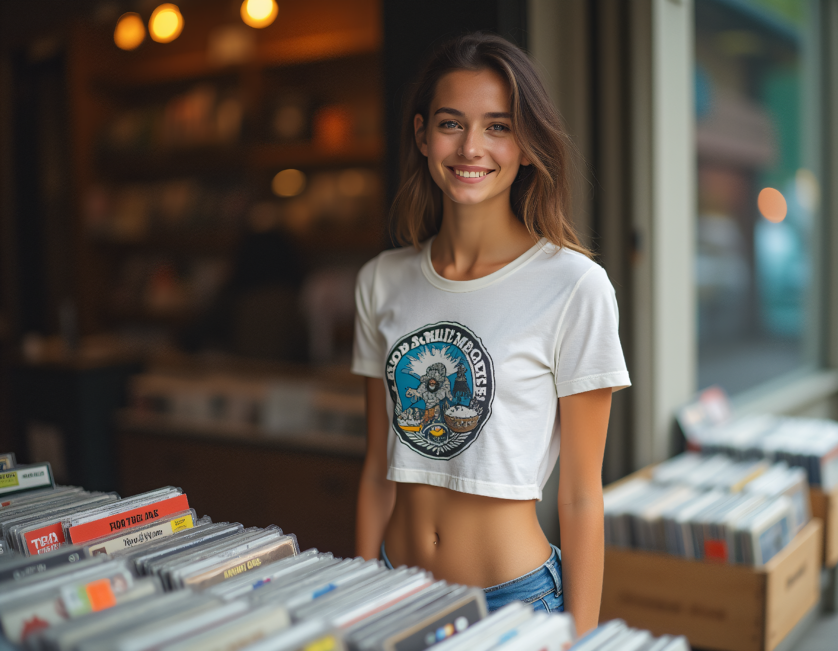 صورة مولدة بالذكاء الاصطناعي: FLUX prompt: Fit woman with visible six-pack browsing vinyl at ... (نموذج FLUX - صور شخصية)