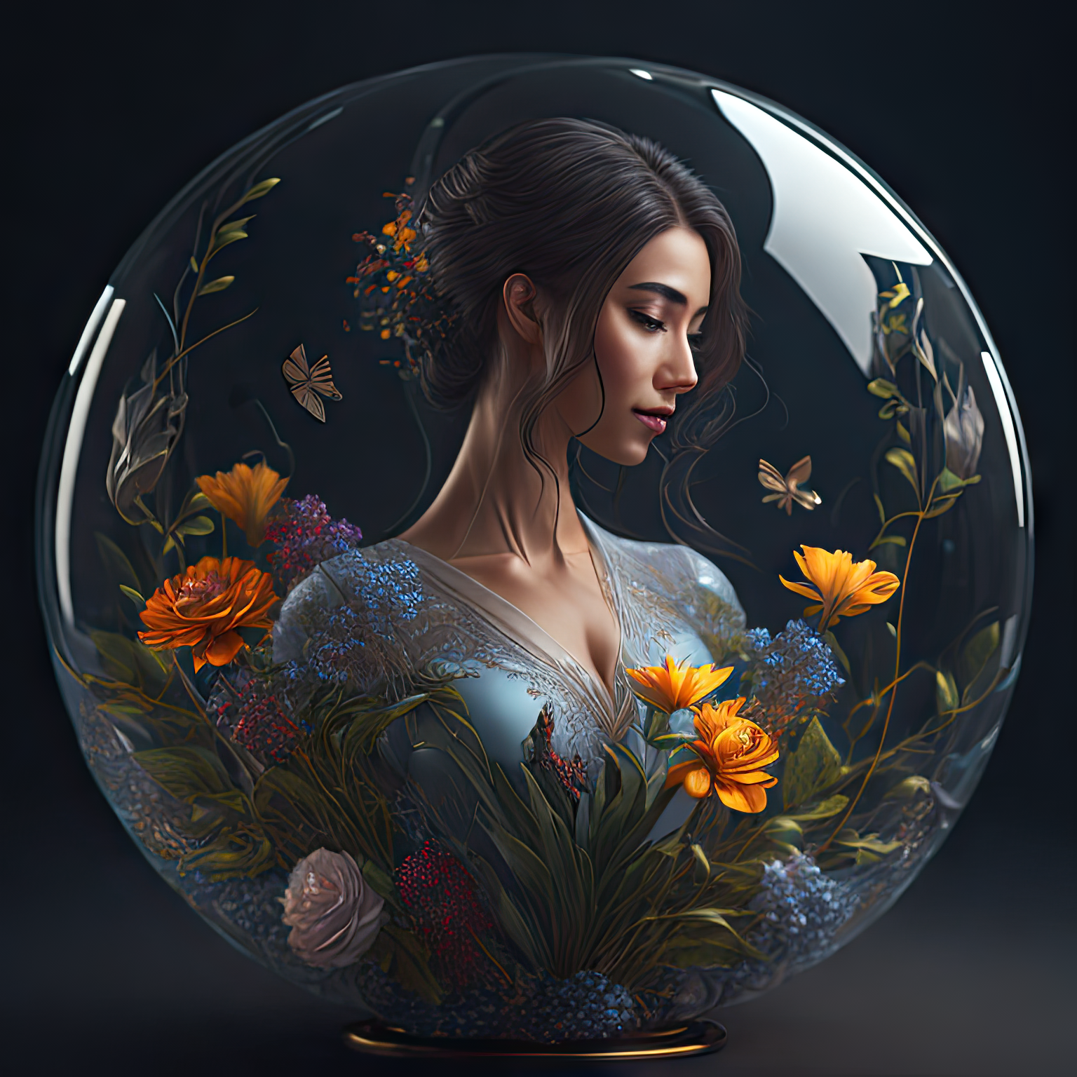 Illuminati Diffusion prompt: woman in a glass ball with f...