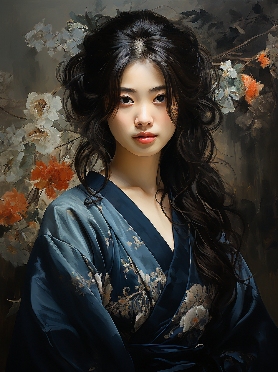 Midjourney prompt: the asian style painting of a woman wearing a kimo... - Midjourney