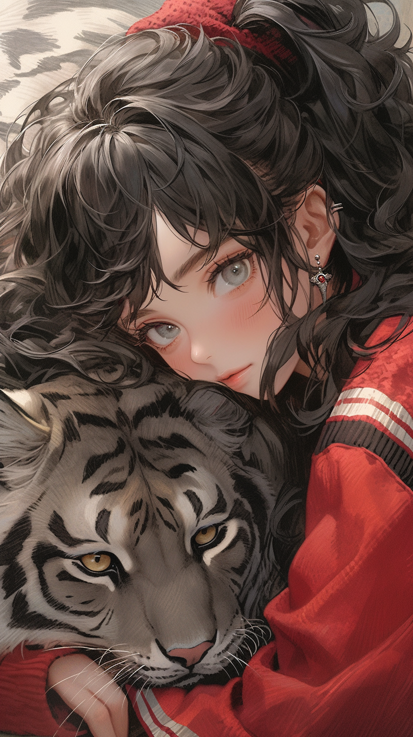 AI generated: Midjourney prompt: tiger wolf is a young girl with long curly hair an... (Midjourney - Anime)