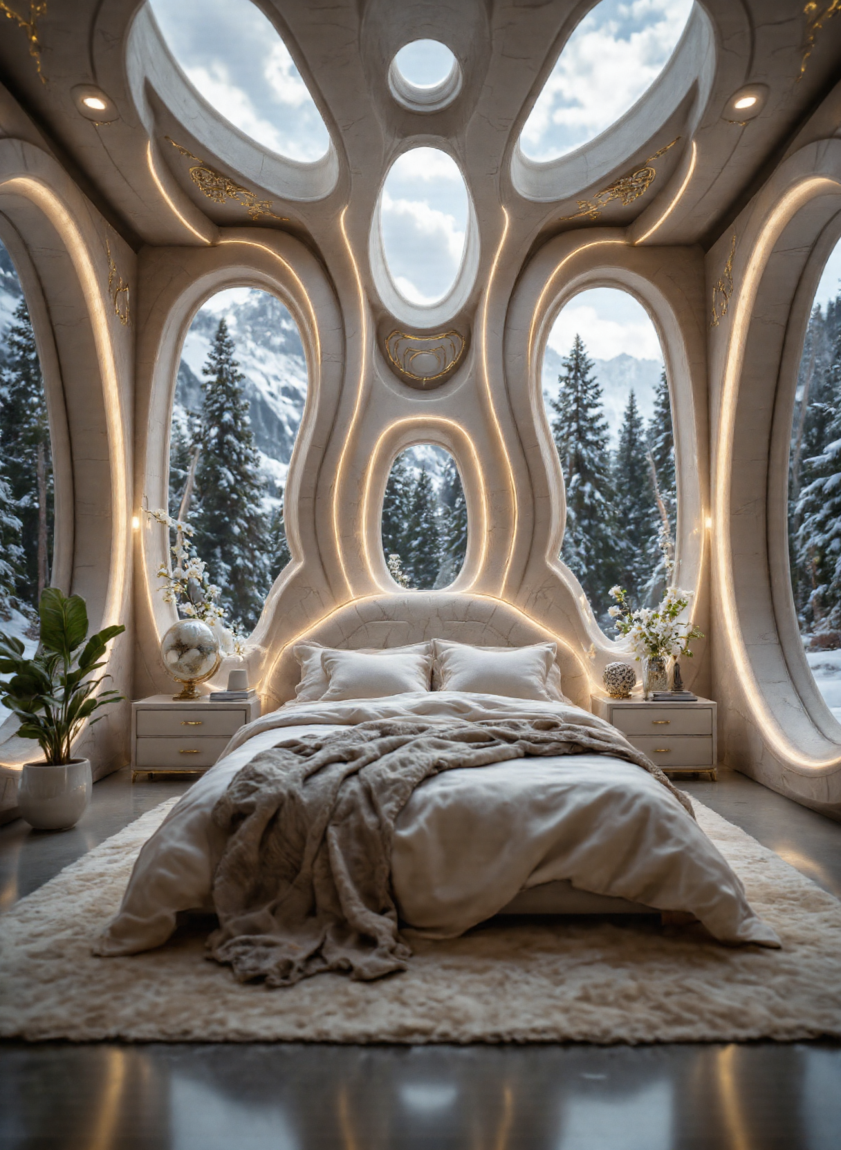 صورة مولدة بالذكاء الاصطناعي: FLUX prompt: The image depicts an opulent bedroom with a futuri... (نموذج FLUX - تصميم داخلي)
