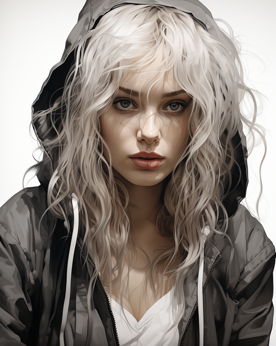 Midjourney prompt: a black and white drawing of a woman wearing a hoo... - Midjourney